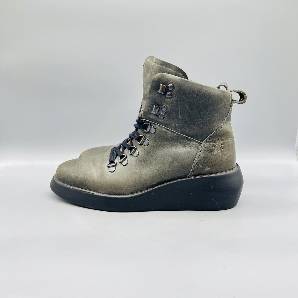FLY London Boots Womens 7 Green Leather Platform Wedge Ankle Lace Up Shoes - Picture 2 of 11